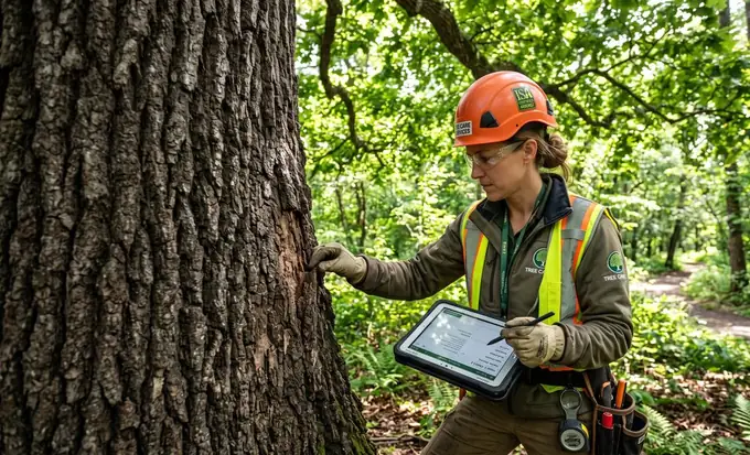 A certified arborist inspecting the trunk and leaves of a mature tree
