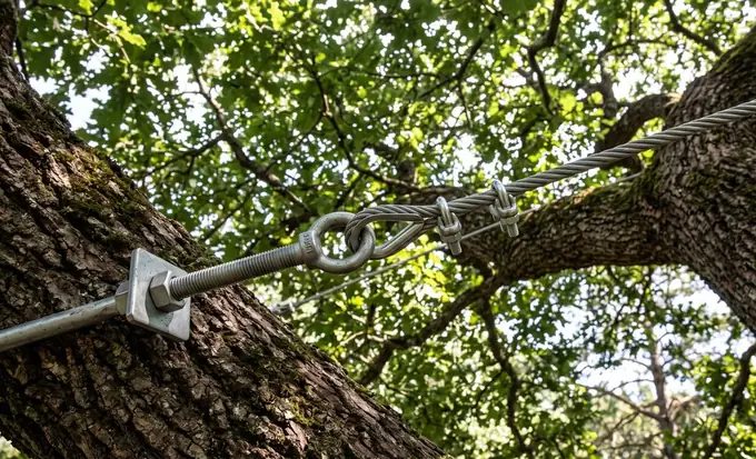 A steel support cable and brace installed between heavy limbs of a mature tree
