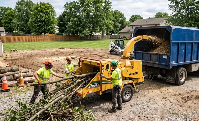 Workers loading branches and logs into a wood chipper and hauling debris away