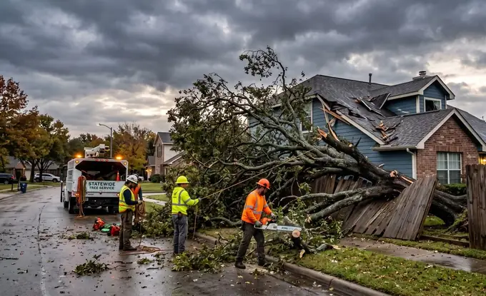 A crew clearing a storm-fallen tree from a home at first light