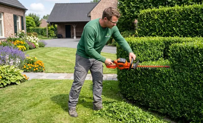 A landscaper shaping a crisp green hedge with powered trimmers
