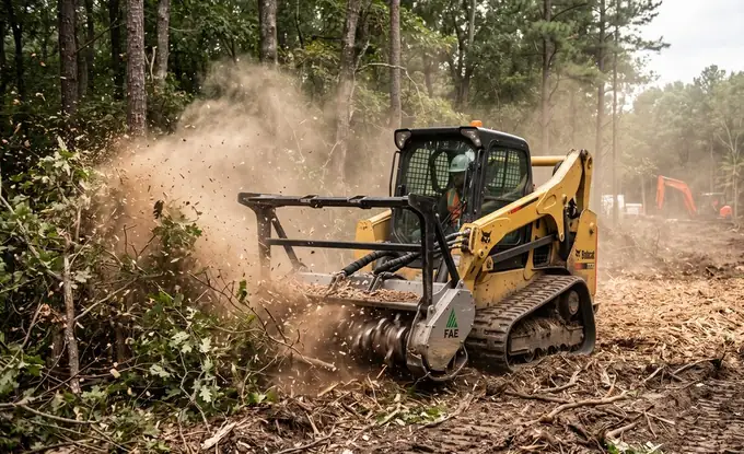 A forestry mulcher shredding brush and small trees on a lot being cleared