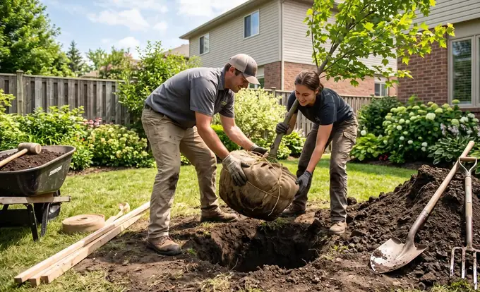 Workers lowering a young balled-and-burlapped tree into a freshly dug hole