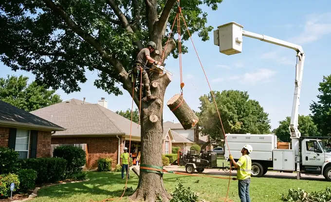 A tree crew safely taking down a large tree with rigging and a bucket truck