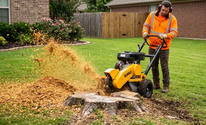 A stump grinder chewing a tree stump down below ground level