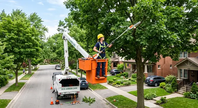 An arborist pruning a leafy shade tree with a pole saw